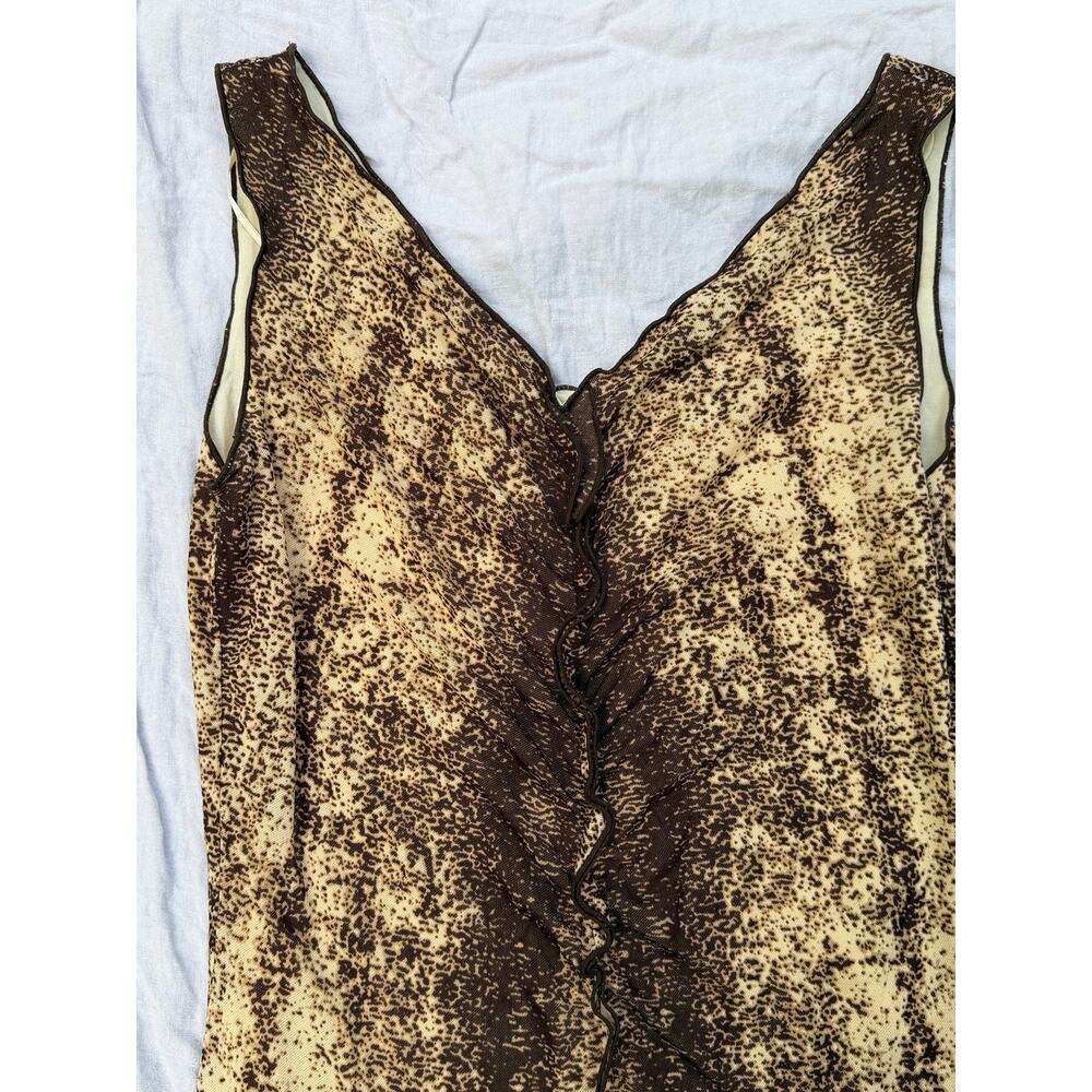 Y2K Whimsigoth Brown Mesh Ruched Lettuce Trim Midi Dress python snake print - Picture 4 of 7